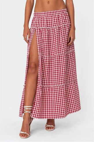 Women's Y2K Plaid Maxi Skirts Elastic Waist Side Slit Tiered Skirt Vintage Summer Flowy Gingham A Line Skirts in Saudi Arabia