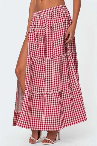 Women's Y2K Plaid Maxi Skirts Elastic Waist Side Slit Tiered Skirt Vintage Summer Flowy Gingham A Line Skirts in Saudi Arabia
