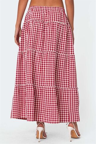 Women's Y2K Plaid Maxi Skirts Elastic Waist Side Slit Tiered Skirt Vintage Summer Flowy Gingham A Line Skirts in Saudi Arabia