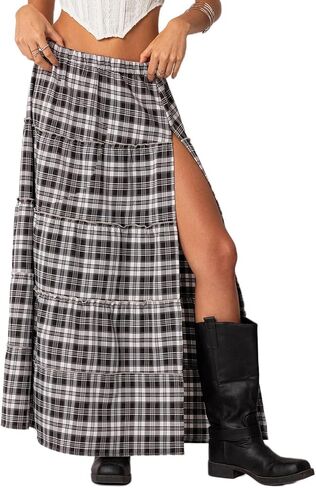 Women's Y2K Plaid Maxi Skirts Elastic Waist Side Slit Tiered Skirt Vintage Summer Flowy Gingham A Line Skirts in Saudi Arabia
