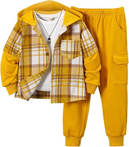 Boys 2 Pieces Sweatsuit Flannel Plaid Shirt Tops Hoodies Cargo Sweat Pants Clothing Set 3-14Y in Saudi Arabia