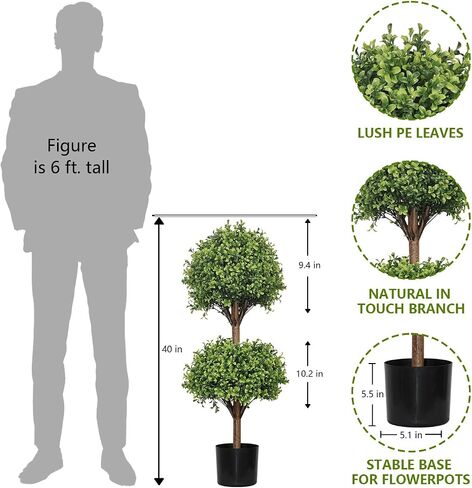 THE BLOOM TIMES 40 Inch Artificial Topiary Double Ball Boxwood Tree,Set of 2 Fake Potted Plants Faux Bushes & Shrubs Plants for Outdoor Planter Front Proch Decor in Kuwait