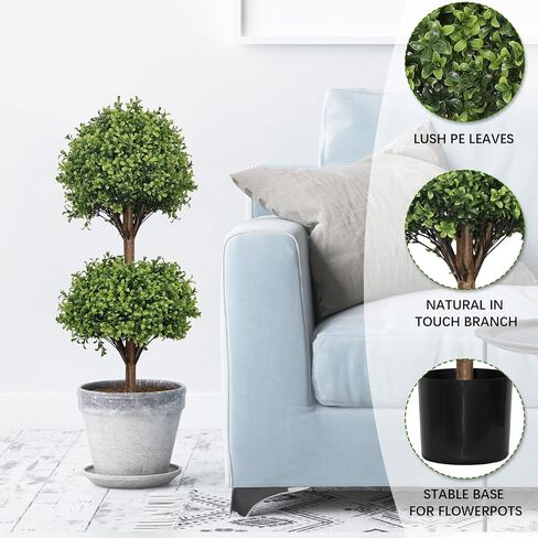 THE BLOOM TIMES 40 Inch Artificial Topiary Double Ball Boxwood Tree,Set of 2 Fake Potted Plants Faux Bushes & Shrubs Plants for Outdoor Planter Front Proch Decor in Kuwait