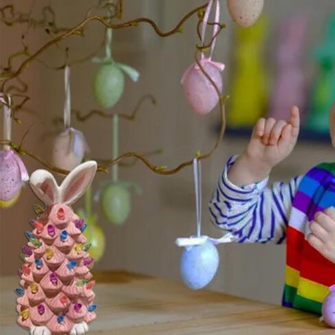 2025 Newly Lighted Easter Bunny Resin Tabletop Tree 6 Inches Pre-Lit Rabbit Figurines with Colorful Lamp Beads and Bunny Ear Top Spring Easter Holiday Decor Gifts in Saudi Arabia