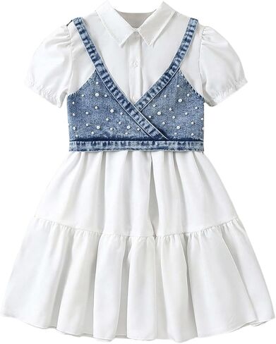 MakeMeChic Girl's 2 Piece Outfits Pearl Beaded Denim Top and Ruffle Tiered Shirt Dress Set in Kuwait
