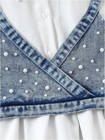 MakeMeChic Girl's 2 Piece Outfits Pearl Beaded Denim Top and Ruffle Tiered Shirt Dress Set in Kuwait