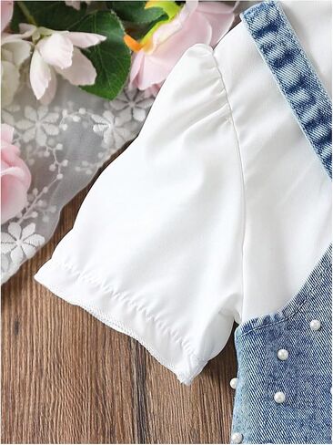 MakeMeChic Girl's 2 Piece Outfits Pearl Beaded Denim Top and Ruffle Tiered Shirt Dress Set in Kuwait