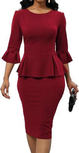 Women's Work Business Dress Bodycon Dress 3/4 Lantern Sleeves Round Neck Pencil Dresses in Kuwait