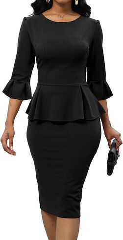 Women's Work Business Dress Bodycon Dress 3/4 Lantern Sleeves Round Neck Pencil Dresses in Kuwait