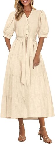 PRETTYGARDEN Women's Midi Dress 2025 Summer Casual Short Sleeve V Neck Buttons Belted Ruffle A Line Flowy Dress with Pockets in Saudi Arabia