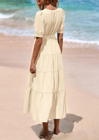 PRETTYGARDEN Women's Midi Dress 2025 Summer Casual Short Sleeve V Neck Buttons Belted Ruffle A Line Flowy Dress with Pockets in Saudi Arabia