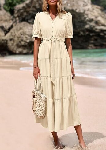 PRETTYGARDEN Women's Midi Dress 2025 Summer Casual Short Sleeve V Neck Buttons Belted Ruffle A Line Flowy Dress with Pockets in Saudi Arabia