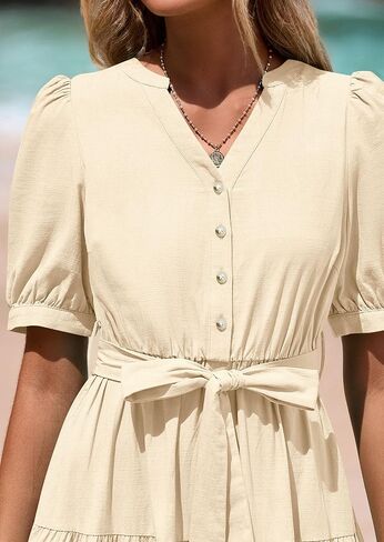 PRETTYGARDEN Women's Midi Dress 2025 Summer Casual Short Sleeve V Neck Buttons Belted Ruffle A Line Flowy Dress with Pockets in Saudi Arabia