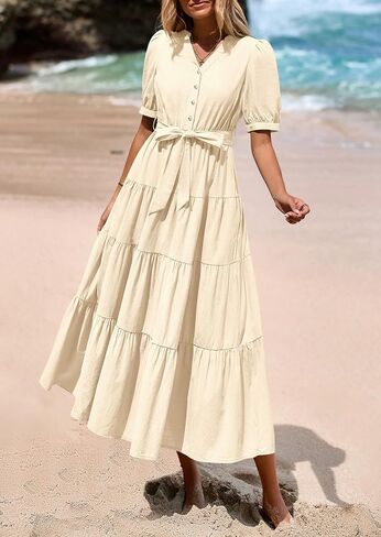 PRETTYGARDEN Women's Midi Dress 2025 Summer Casual Short Sleeve V Neck Buttons Belted Ruffle A Line Flowy Dress with Pockets in Saudi Arabia