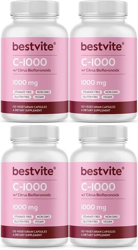 فيتامين C 1000 ملغ من BESTVITE (120 كبسولة نباتية) مع بيوفلافينويدات الحمضيات - بدون ستيرات - نباتي - غير معدّل وراثيًا - خالي من الغلوتين in Kuwait
