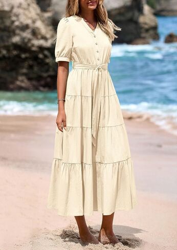 PRETTYGARDEN Women's Midi Dress 2025 Summer Casual Short Sleeve V Neck Buttons Belted Ruffle A Line Flowy Dress with Pockets in Saudi Arabia