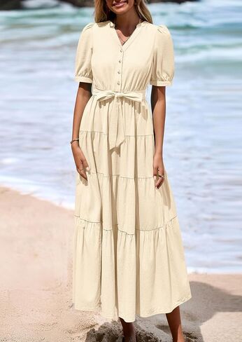 PRETTYGARDEN Women's Midi Dress 2025 Summer Casual Short Sleeve V Neck Buttons Belted Ruffle A Line Flowy Dress with Pockets in Saudi Arabia