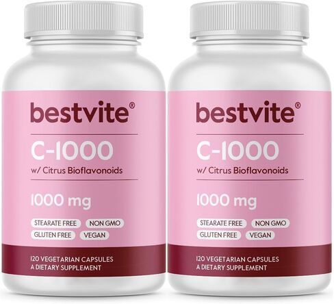 فيتامين C 1000 ملغ من BESTVITE (120 كبسولة نباتية) مع بيوفلافينويدات الحمضيات - بدون ستيرات - نباتي - غير معدّل وراثيًا - خالي من الغلوتين in Kuwait
