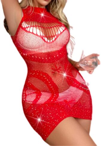CIUCMIA Womens Rhinestone Fishnet Babyball Lingerie Lace Mini Dress Cut Out Sheer Negligee Chemise Sleepwear in Kuwait