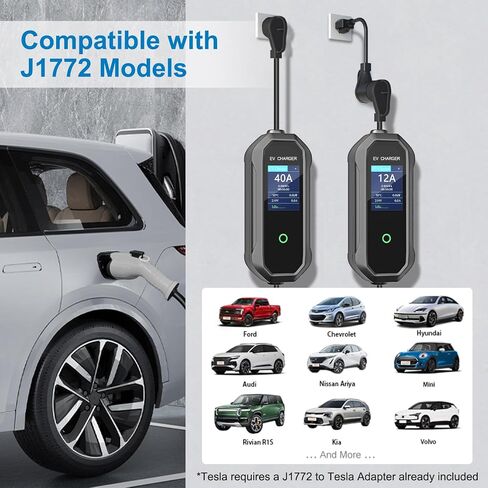 40 Amp Level 2 / Level 1 Portable EV Charger Station for SAE J1772 EV Cars (240 Volt, 23ft Cable), FCC and UL Certified, with NEMA 14-50 plug and 5-15 to 6-20 plug options and J1772 to Tesla adapter in Kuwait