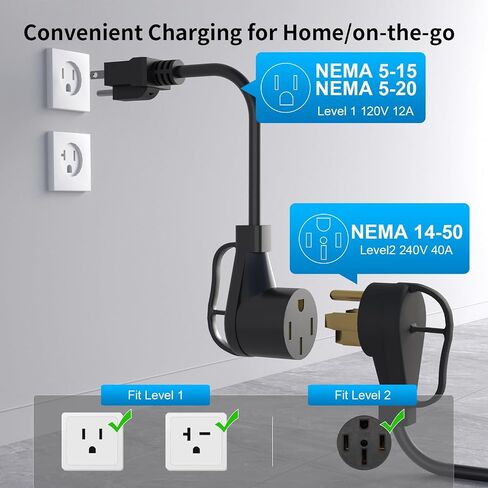 40 Amp Level 2 / Level 1 Portable EV Charger Station for SAE J1772 EV Cars (240 Volt, 23ft Cable), FCC and UL Certified, with NEMA 14-50 plug and 5-15 to 6-20 plug options and J1772 to Tesla adapter in Kuwait