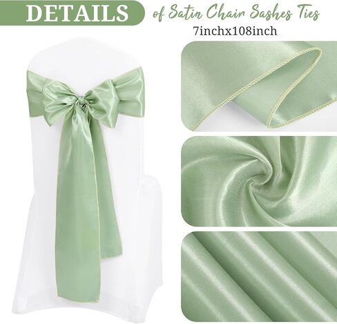 Pesonlook 120 PCS Sage Green Satin Chair Sashes أقواس الساتان كرسي SASHES Universal Chair Cover for Wedding Arteption Restaurant Restaurant Decorting ، Party ، Decorations Avents Accounts (7 × 108 Inch) in Kuwait