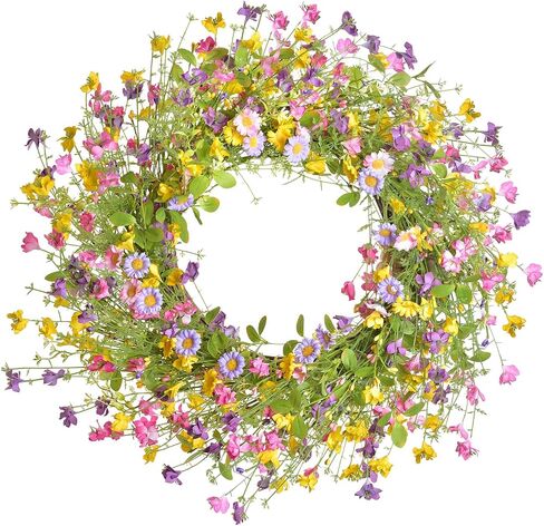 LSKYTOP Artificial Flower Wreath for Front Door 24inch Colorful Wildflower Wreath with Daisy for Wall Window Indoors Decor in Saudi Arabia