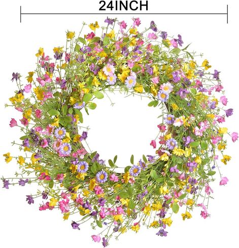 LSKYTOP Artificial Flower Wreath for Front Door 24inch Colorful Wildflower Wreath with Daisy for Wall Window Indoors Decor in Saudi Arabia