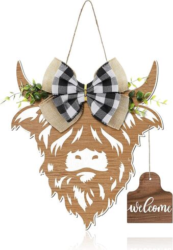 Weysat Highland Cow Decor Cow Cow Head Weath Gifts Wooden Help Home Samper for Bride Door Porch Farmhouse Decor Indoor Outdoor (Wood Color) in Kuwait