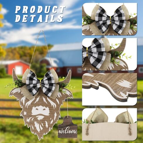 Weysat Highland Cow Decor Cow Cow Head Weath Gifts Wooden Help Home Samper for Bride Door Porch Farmhouse Decor Indoor Outdoor (Wood Color) in Kuwait
