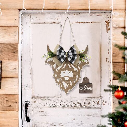 Weysat Highland Cow Decor Cow Cow Head Weath Gifts Wooden Help Home Samper for Bride Door Porch Farmhouse Decor Indoor Outdoor (Wood Color) in Kuwait