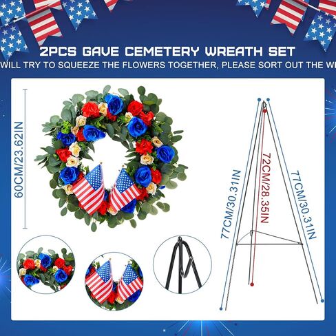 Crowye 2pcs Memorial Day Grave Wreaths with Stand Set 23.62in Cemetery Wreaths 30in Easel Patriotic Gravestone Headstone Independence Day Decor(USA Flag Style) in Saudi Arabia