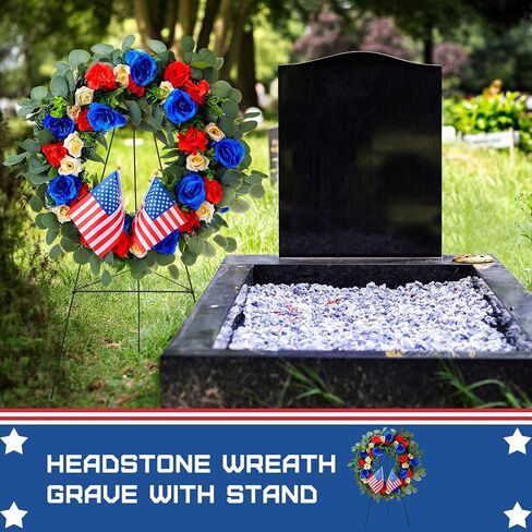 Crowye 2pcs Memorial Day Grave Wreaths with Stand Set 23.62in Cemetery Wreaths 30in Easel Patriotic Gravestone Headstone Independence Day Decor(USA Flag Style) in Saudi Arabia