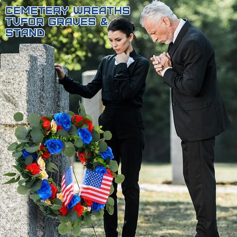 Crowye 2pcs Memorial Day Grave Wreaths with Stand Set 23.62in Cemetery Wreaths 30in Easel Patriotic Gravestone Headstone Independence Day Decor(USA Flag Style) in Saudi Arabia