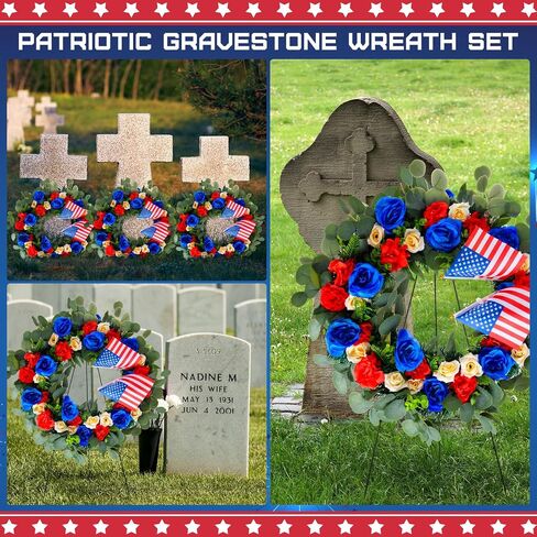 Crowye 2pcs Memorial Day Grave Wreaths with Stand Set 23.62in Cemetery Wreaths 30in Easel Patriotic Gravestone Headstone Independence Day Decor(USA Flag Style) in Saudi Arabia