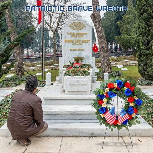 Crowye 2pcs Memorial Day Grave Wreaths with Stand Set 23.62in Cemetery Wreaths 30in Easel Patriotic Gravestone Headstone Independence Day Decor(USA Flag Style) in Saudi Arabia