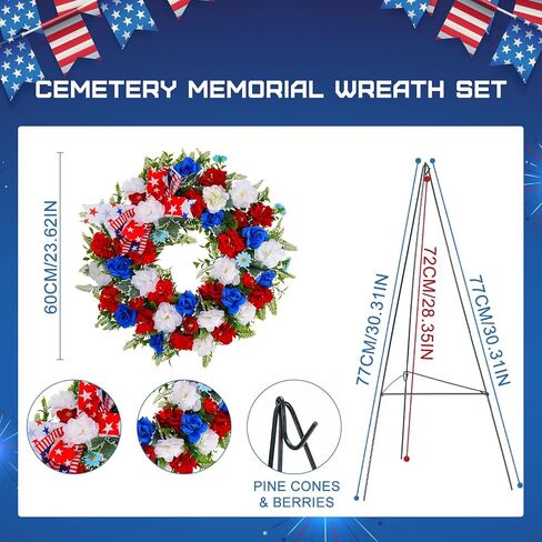 Crowye 2pcs Memorial Day Grave Wreaths with Stand Set 23.62in Cemetery Wreaths 30in Easel Patriotic Gravestone Headstone Independence Day Decor(USA Flag Style) in Saudi Arabia