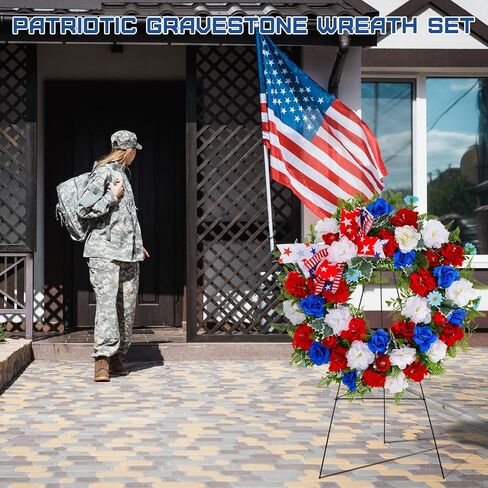 Crowye 2pcs Memorial Day Grave Wreaths with Stand Set 23.62in Cemetery Wreaths 30in Easel Patriotic Gravestone Headstone Independence Day Decor(USA Flag Style) in Saudi Arabia