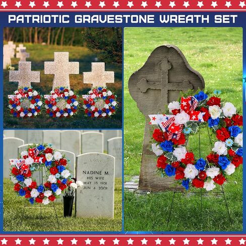 Crowye 2pcs Memorial Day Grave Wreaths with Stand Set 23.62in Cemetery Wreaths 30in Easel Patriotic Gravestone Headstone Independence Day Decor(USA Flag Style) in Saudi Arabia