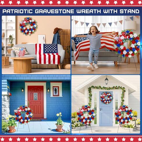 Crowye 2pcs Memorial Day Grave Wreaths with Stand Set 23.62in Cemetery Wreaths 30in Easel Patriotic Gravestone Headstone Independence Day Decor(USA Flag Style) in Saudi Arabia