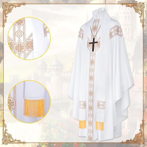 Church Catholic Priest Chasubles Vestments, Robe Chasuble Mass Round Collar Robe with Stole Men in Kuwait