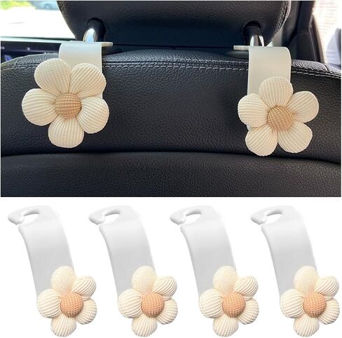 4PCS Car Headrest Hooks, Cute Flower Vehicle Seat Organizer Hooks for Purses and Bags, Portable Automotive Purse Hanger Holder Decoration, Universal for SUV, Sedan, Truck (Beige/White) in Kuwait