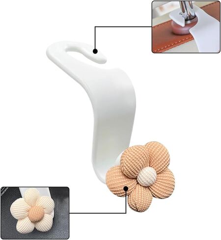 4PCS Car Headrest Hooks, Cute Flower Vehicle Seat Organizer Hooks for Purses and Bags, Portable Automotive Purse Hanger Holder Decoration, Universal for SUV, Sedan, Truck (Beige/White) in Kuwait
