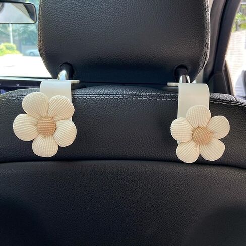4PCS Car Headrest Hooks, Cute Flower Vehicle Seat Organizer Hooks for Purses and Bags, Portable Automotive Purse Hanger Holder Decoration, Universal for SUV, Sedan, Truck (Beige/White) in Kuwait