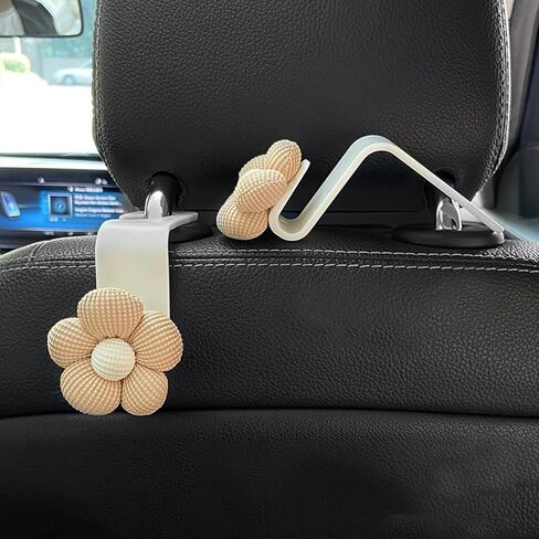 4PCS Car Headrest Hooks, Cute Flower Vehicle Seat Organizer Hooks for Purses and Bags, Portable Automotive Purse Hanger Holder Decoration, Universal for SUV, Sedan, Truck (Beige/White) in Kuwait