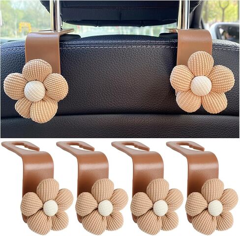 4PCS Car Headrest Hooks, Cute Flower Vehicle Seat Organizer Hooks for Purses and Bags, Portable Automotive Purse Hanger Holder Decoration, Universal for SUV, Sedan, Truck (Beige/White) in Kuwait