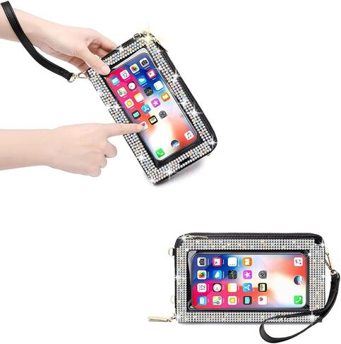 Bling Rhinestone RFID Blocking Touch Screen Phone Bag Womens Wallet Wristlet Clutch Large Capacity Card Phone Holder in Kuwait