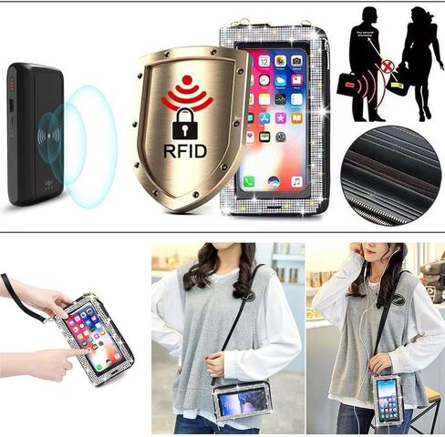 Bling Rhinestone RFID Blocking Touch Screen Phone Bag Womens Wallet Wristlet Clutch Large Capacity Card Phone Holder in Kuwait