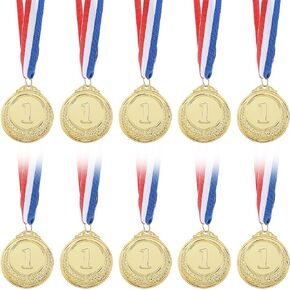 10 Pieces Gold Award Medals, 1st Place Winner Medals for All Ages Winner Medals Gold Prizes with 15.5 Inch Red White and Blue Ribbon for Sports Competitions Party Spelling Bees Olympic Style 2 Inches