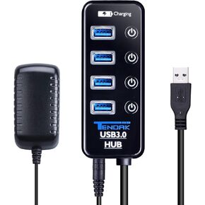 USB 3.0 Hub - Tendak USB Hub with 4 USB 3.0 Data Ports + 1 USB Smart Charging Port and Power Supply Adapter with Individual On/Off Port Switches for MacBook, Mac Pro, HDD